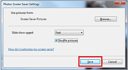 Windows 7 Personalization, Screen Saver Settings, Save
